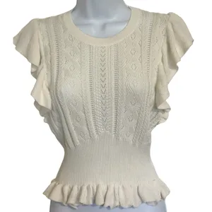 🆕 EXPRESS Ivory Pointelle Knit‎ Flutter Sleeve Peplum Lightweight Sweater XS thumbnail 2