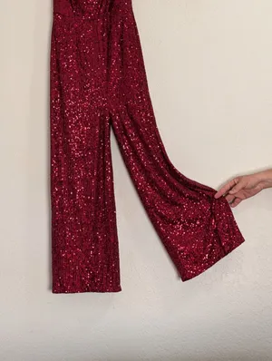 Lulus red sparkly sequin romper jumpsuit size M holiday Christmas thumbnail 3