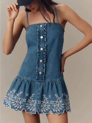 Anthropologie Damson Madder Lana Drop-Waist Mini Dress in Blue Denim thumbnail 1