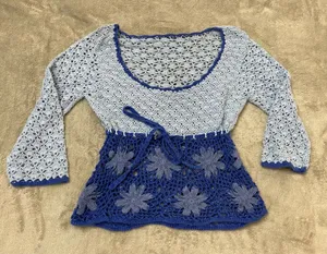 🩷Vintage Crochet Floral Periwinkle Blue Knit Handwoven Knit Pullover Sweater thumbnail 1