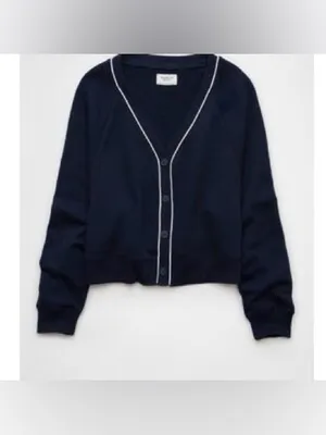 American Eagle Navy Cropped Cardigan Sweater White Trim Button Front Preppy S thumbnail 9