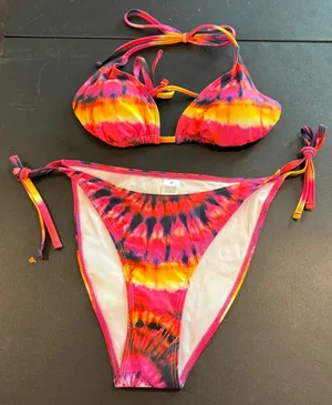 Womens Medium Bikini Set Pink Orange Tie Dye Triangle Top Side Tie‎ Bottom NEW thumbnail 1