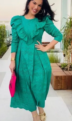 ZARA Broderie‎ Anglaise Cutwork Embroidered Eyelet Ruffle Midi Dress Green Sz XS thumbnail 1
