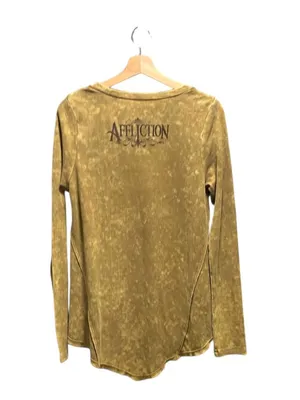 Affliction Long Sleeve Waffle Knit Top Mustard Size L Y2K Casual Punk Neutral thumbnail 4