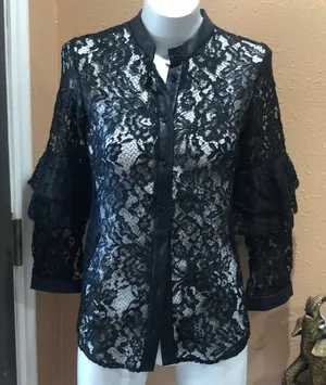 Zara basic black lace button up blouse thumbnail 1