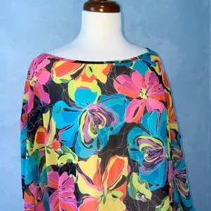 Vertigo Semi-Sheer Vibrant Floral Top Or Swim Cover XL thumbnail 8