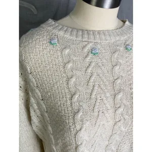 Wild Fable‎ Cream Cable Knit Cropped Sweater Embroidered Floral Cottagecore XS thumbnail 2