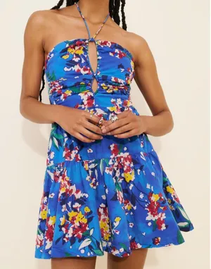 Anthropologie Emily Halter Mini Dress Small Floral Cut Out Ruched Open Back Blue thumbnail 1