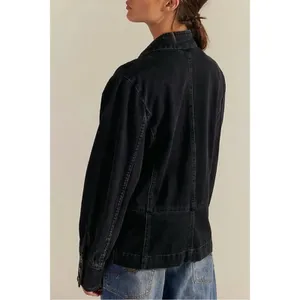 Free People Imogene Denim Officer Jacket in Odyssey Black Military Denim Small thumbnail 3