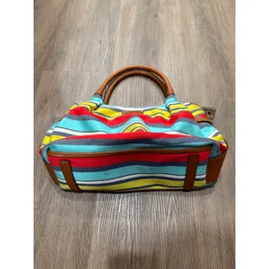 Kate Spade New York Striped Canvas‎ Satchel Bag Blue Yellow Red Tan Leather Trim thumbnail 3