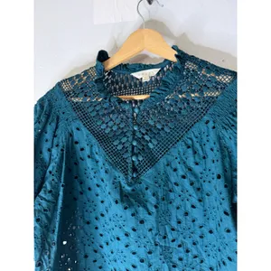Adiva crochet‎ green teal lace eyelet short puff sleeve top large thumbnail 3