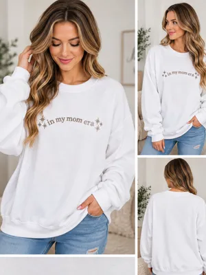 Gildan White “In My Mom Era” Embroidered Crewneck Sweatshirt Large NWT thumbnail 2
