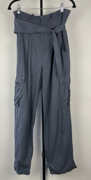 Zara Womans Tapered Cargo Pants High Rise Paperbag Sz S Blue Gray Linen‎ Blend thumbnail 1