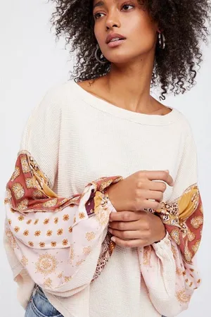 Free People We The Free Blossom Thermal Top Small Boho Patchwork Balloon Sleeve thumbnail 1