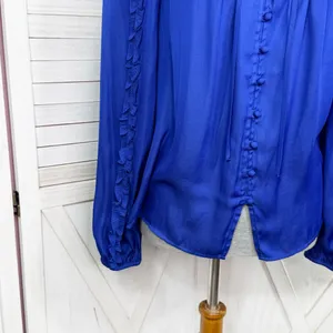 Loft Ruffle Trim Tie Neck Button Up‎ Blouse Long Sleeve Lapis Blue Small thumbnail 7