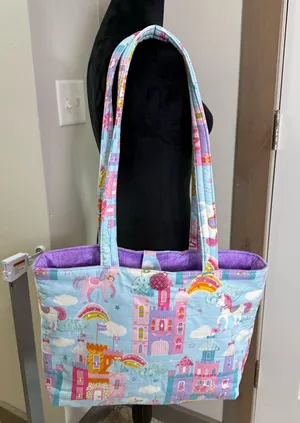 Handmade Quilted‎ Tote Bag Castles Unicorns Fantasy Pink Purple Blue Large Purse thumbnail 1