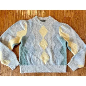 J. Crew blue and yellow argyle alpaca wool crewneck sweater thumbnail 3