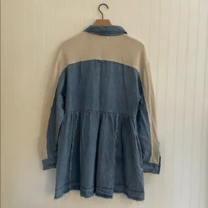 FREE PEOPLE Kenny Denim Mini Dress Tunic Waffle Raw Hem Boho Babydoll Size S thumbnail 6
