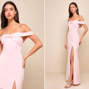 LULU's Chic Sexy Prom Wedding Off the Shoulder Light Pink Trumpet Maxi Dress thumbnail 4