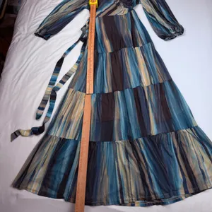 Elan Blue Abstract Stripe Mesh Wrap Tiered Maxi Dress PM50037 Medium NWT thumbnail 4
