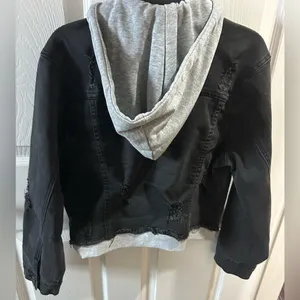 Contraband Black Distressed Denim Jacket w attached gray hoodie medium thumbnail 6