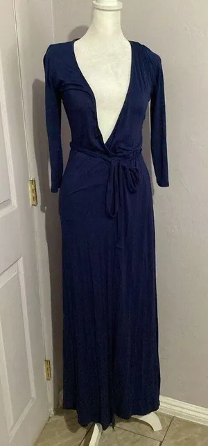Lulu’s Lovely Navy Blue Gown Long Sleeve Maxi Dress Stretch Jersey S thumbnail 2