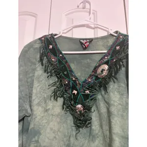 B.U.S.‎ Top Western Boho Green Tie Dye Fringe Studded Concho OS thumbnail 4