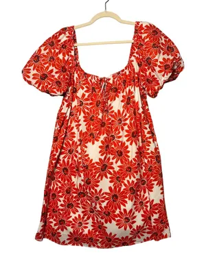 Mango MNG Floral Dress 10 Red Puff Sleeve Cottagecore Boho Milk Maid Peasant thumbnail 1