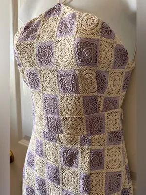 Anthropologie FORE‎ COLLECTION Lilac/Cream Checkered Crochet Halter Dress Autumn Wedding Guest thumbnail 7