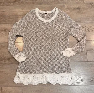 Poof Knit Sweater‎ Beige Crochet Hem Lace Cuffs Size Large L Whimsy thumbnail 1