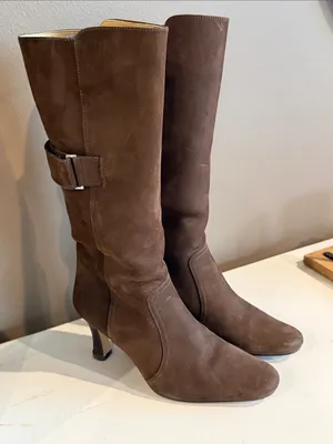 CROSS STAGE Chocolate Brown Suede Knee Boots Classic Heeled Adjustable Calf 7 thumbnail 1