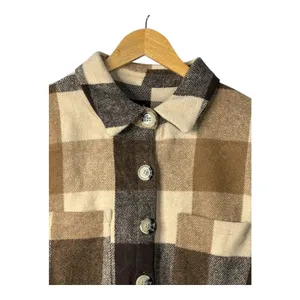 Plaid Shacket Women Large Brown Checkered Button Up Oversized Flannel Cozy Cabin thumbnail 3
