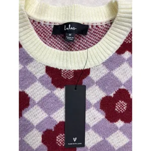 Lulus Floral‎ Checkerboard Sweater Long Sleeve Crewneck Ivory Lilac M New thumbnail 2