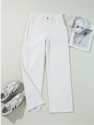Sidefeel Women White Wide Leg Jeans High Waist Stretchy Raw Hem Denim Pants Sz 6 thumbnail 2