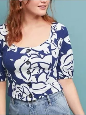 Anthropologie Mauve Amiens Floral White / Navy Puff Sleeve Top thumbnail 1