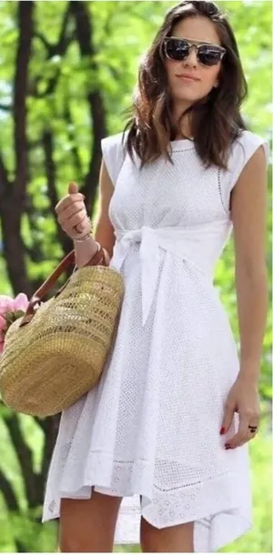 Rebecca Taylor Dress Women‎ 2 White Netted Eyelet Tie Waist Cap Sleeve Midi Boho thumbnail 1