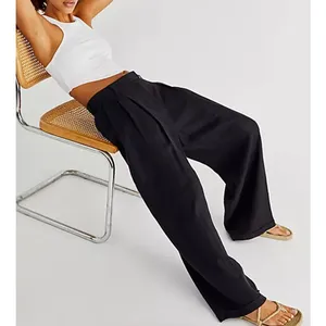 Free People Women Linen Trousers Small Black Lyla Wide Leg‎ Loose NWT thumbnail 3
