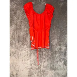 Vintage Y2K Orange Embroidered Belted Waist Short Sleeve Top Large #757 thumbnail 4