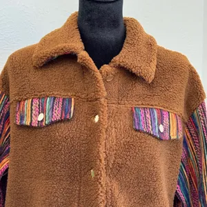 Southern Grace Womens Brown‎ Sherpa Jacket Striped Knit Sleeves Western Boho L thumbnail 3