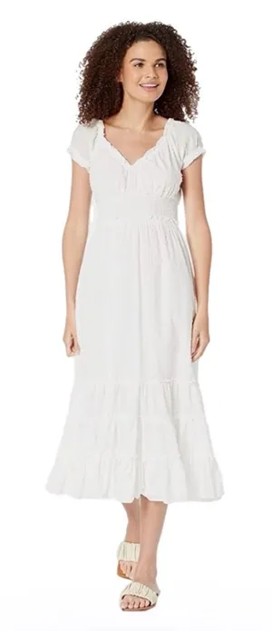 NWOT S Betsey Johnson Cotton Clip Dot Sweetheart Smocked White V-Neck Smocked Midi Dress thumbnail 1