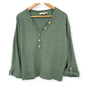 LOFT | Large | Textured Knit V-Neck Gold Button Up Tab-Cuff Pullover Sweater thumbnail 1