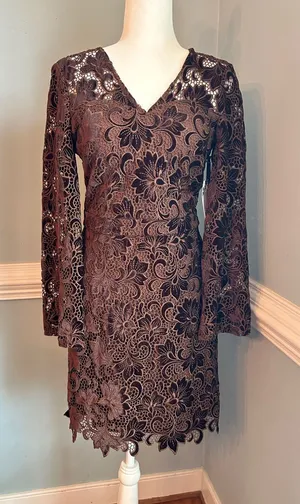 Kensie Chocolate Brown Floral Lace V-Neck Long Sleeve Dress thumbnail 1