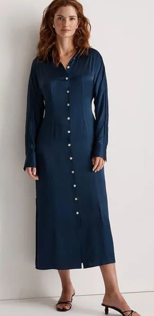 Dress Satin Button-Front Midi Classic Indigo 8 NWT New thumbnail 2