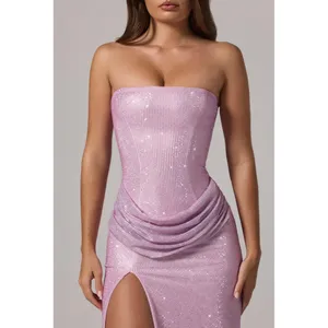 Oh Polly La Rochette Embellished Bandeau Cowl-Waist Maxi Dress Lavender Size 0 thumbnail 5