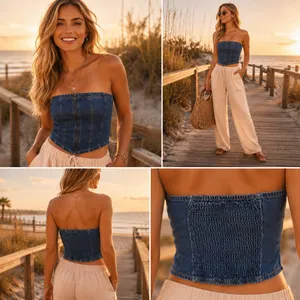 Lone Star Womens Denim Tube Top Medium Wash Zip Front Smocked Back Corset Large thumbnail 2
