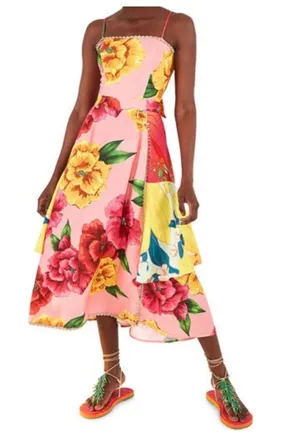 Farm Rio Chita Pink Floral Print Square Neck Tie Back Linen Midi Dress Size XS thumbnail 1