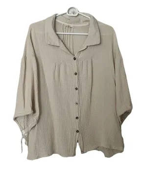 POL Crinkle Gauze Crop Button Up Size Small Oversized Smt1962a thumbnail 1