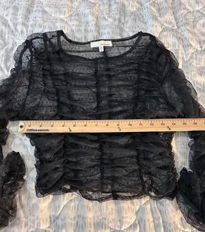 June & Hudson Black Sheer Dotted Mesh Ruched Ruffle Top Size 1 thumbnail 4
