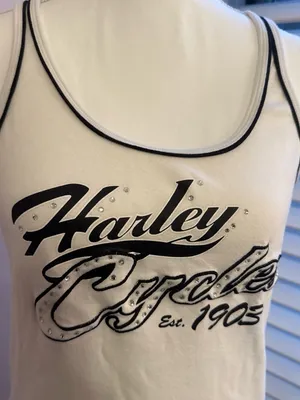 Harley-Davidson White Tank Top with Black Script and Rhinestones Y2K thumbnail 2