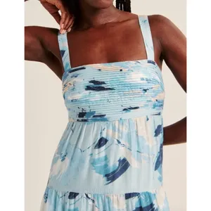 Abercrombie & Fitch Blue Print Ruched Tiered Babydoll Maxi Dress Size S NWT thumbnail 9